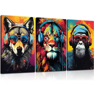 wstukvv 3 x Gaming-Wandkunst, Tier-Graffiti-Poster, Bilder mit Kopfhörern, Sonnenbrille, Gorilla, Tiger, Wolf, coole Gamer-Leinwanddrucke, bunte Graffiti-Gemälde für Teenager, Spiel, Jungenzimmer,