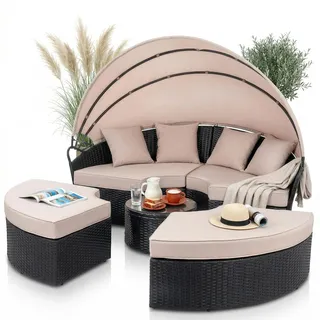 Mucola Sonnenliege Strandkorb Sonneninsel 180CM Tisch Polyrattan Gartenmuschel Set Gartenmöbel Sitzgarnitur Sunbed Kissen Beige - Schwarz - Schwarz