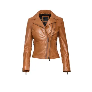 Lederjacke BUGATTI "BULady-135", Damen, Gr. 46, braun (cognac), Obermaterial: 100% Lammleder LEL. Futter: 100% Polyester PES. 100% Polyester PES., uni, modern fit, V-Ausschnitt, Jacken Lederjacke, mit Schultersteppung