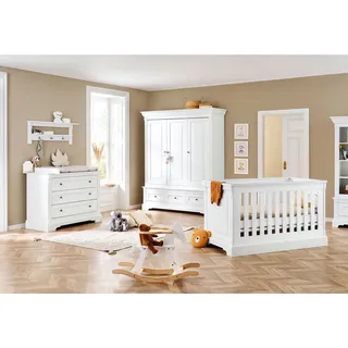 Pinolino Babyzimmer , Weiß , Holzwerkstoff , 4 Fächer , 3 Schublade(n) Schubladen , zum Juniorbett umbaubar, höhenverstellbar, Sprossen mit Normabstand, Aufbauanleitung im Karton, Lattenrost inklusive, Schlupfsprossen , Babymöbel & Kindermöbel, Babyzimmer, Babyzimmer-Serien