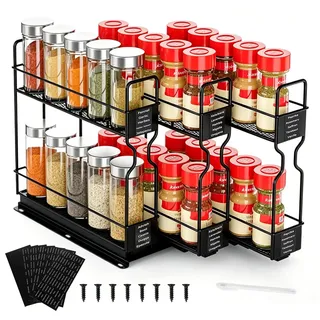 Cioquli 3 Stück Gewürzregal Ausziehbar Organizer für Schrank - 2 Etagen | Gewürz Organizer mit Schienen und Etiketten, Herausziehen Gewürzregal Stehend, Küchenschrank Organizer, ohne Bohren, Schwarz