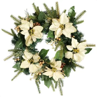 COM-FOUR® Türkranz Weihnachten - Adventskranz mit Zapfen, Blüten und goldfarbenen Kugeln - Dekokranz - Weihnachtsdeko - Tischkranz - Weihnachtskranz (grün/beige/goldfarben)