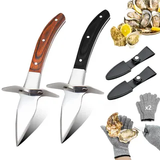 TWUTGAYW Austernmesser Set, 2 Stücke Austernöffner mit 2 Paar Schutzhandschuhen der Stufe 5 (L), Austern messer mit Hochwertigem Holzgriff Lederscheide für Muscheln aus Edelstahl
