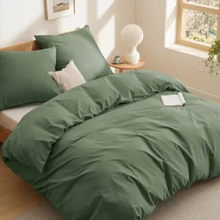 BEDSURE Bettwäsche 155x220 Baumwolle Grauolivgrün - Bettwäsche-Sets 155 x 220 cm Bettbezug 3teilig mit 2 Kissenbezüge 80x80 cm, Oeko-TEX Bedding Grün mit Reißverschluss