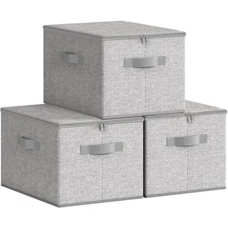 SONGMICS Aufbewahrungsbox mit Deckel, 3er Set, faltbare Stoffbox | Aufbewahrung für Kleidung, 40 x 30 x 25 cm, Vliesstoff, mit Griffen, taubengrau, TINA Kollektion RZB003W01