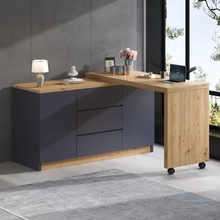 Flieks Faltbarer Schreibtisch mit Rollen, Sideboard Kommode mit beweglichem Beistelltisch, Ecktisch Frisiertisch Eckschreibtisch Drehbar, Grau - Grau