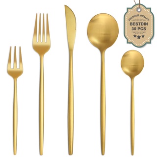 Bestdin Besteck Set 6 Personen, 30 teilig Edelstahl Besteckset Gold Matt, Essbesteck Set mit Messer Gabel Löffel, Hochwertiges Edelstahlbesteck, Spülmaschinenfest.