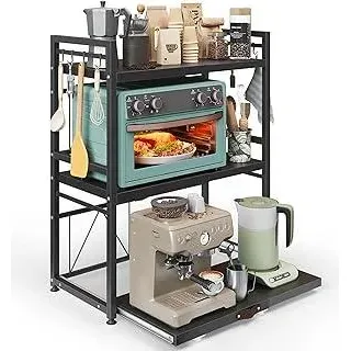 NETEL Erweiterbares mikrowellen Regal mit schublade,3 Stufig küchenregal arbeitsplatte,mikrowellenregal stehend,küchen Organizer mit 8 Haken,Schwarz - Schwarz