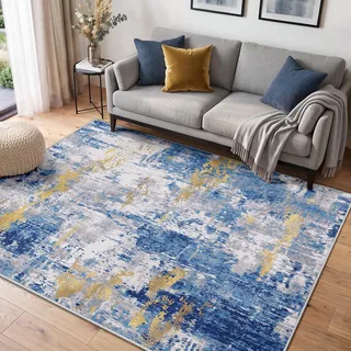 INOVADAY Abstrakt Waschbarer Teppich 120x180 cm Blau/Gold | Teppich Wohnzimmer, Teppich Waschbar, Schlafzimmer, Esszimmer, Büro, Moderne Minimalistische, Kurzflor Weich Rutschfest, OEKO