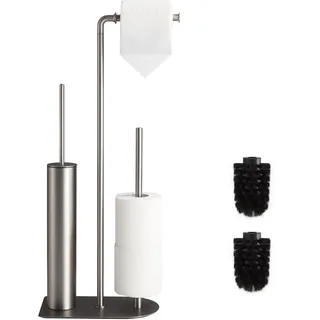 Toilettenpapierhalter mit WC Bürste und Aufbewahrung, freistehender klopapierhalter für Badezimmer und Gästetoiletten, schwarzer Wc garnitur aus Edelstahl rostfrei und ohne Bohren (Gebürste Nickel)