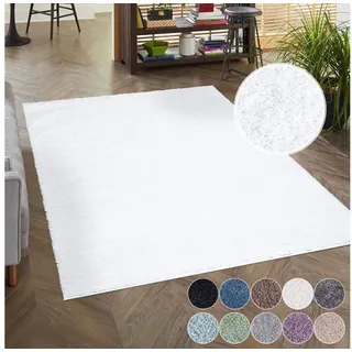 Carpet City Shaggy Hochflor Teppich - 200x200 cm Quadratisch - Weiß - Langflor Wohnzimmerteppich - Einfarbig Uni Modern - Flauschig-Weiche Teppiche Schlafzimmer Deko