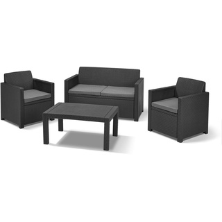 Allibert by Keter Merano Gartenmöbel Set aus Kunststoff, inkl. Sitzkissen, grau, 4-teilig, 2 Sessel, Sofa & Tisch, für Garten & Terrasse, Flache Rattanoptik