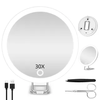 JADAZROR LED-Kompaktspiegel, 30-Fach-Vergrößerungsspiegel mit Licht, 15cm Reisespiegel mit Vergrößerung, wiederaufladbarem beleuchtetem 30-facher Vergrößerungsspiegel, tragbares Reisespiegelgeschenk
