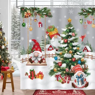 COZZSNUGE Duschvorhang 180 x 180 cm Weihnachten Wichtel GNOME, Weihnachtsbaum Geschenkboxen Winter Duschvorhänge Anti-schimmel Wasserdicht Polyester Stoff Badvorhang mit 12 Duschvorhangringen