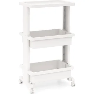COSTWAY 3-stufiger Rollwagen mit Tischplatte, stabiler Kunststoffwagen mit abschließbaren Rädern, multifunktionaler Aufbewahrungswagen mit weiß - Weiß