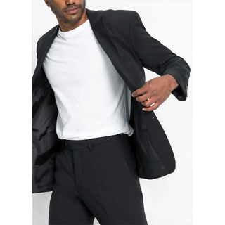 Anzug BONPRIX "Anzug (2-tlg. Set), Regular Fit", Herren, Gr. 98, U + S Gr, schwarz, Web, Obermaterial: 100% Polyester. Futter: 100% Polyester, gepflegt, unifarben, regular fit, Anzüge Anzug, Regular Fit, pflegeleichtes Material, zweiteiliges Set