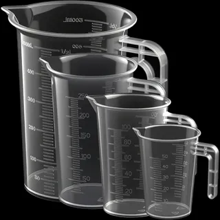 WOEIEOW Messbecher Set 4-teilig, Transparent Mit Griff, 50ml 100ml 250ml 500ml, Hitzebeständig Präzisionsgefäße für Labor, Küche, Garten und Reiniger