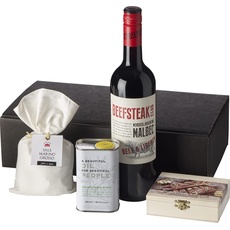 Wein-Geschenkset"Kochbox Beefsteak Club" | 1 Flasche Rotwein aus Großbritannien, Porterhouse Steak Gewürzset, Meersalz grob und Olivenöl