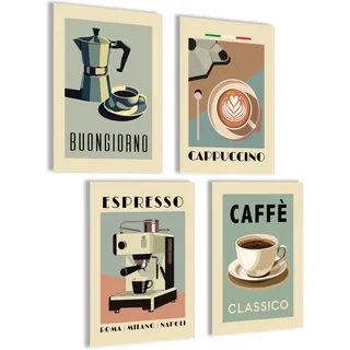 mojoliving Kaffee Poster Set 4er Set Wandbilder Küche Retro Vintage Stil Italienisch Espresso Cappuccino Caffe Classico Kunstdrucke Wanddeko Bar Cafe Deko Geschenk für Kaffeeliebhaber