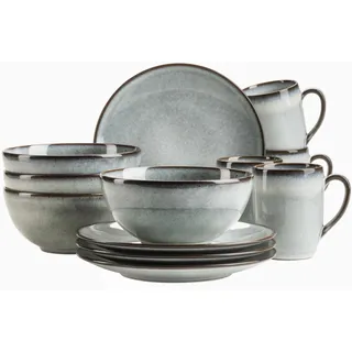 Mäser Serie Smokys Geschirr-Set für 4 Personen, 12 teiliges Frühstückset im Scandi Look, Steinzeug, grün