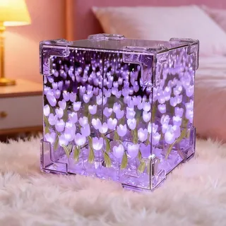 Yootiko DIY Tulips Cube Mirror Lamp,DIY Tulpenwürfel Spiegel Lampe Tulpen Nachtlicht LED Blumen Tulpen Licht Handgemachte Tulpe Lampe für Mütter Kinder Ehefrauen Geburtstagsgeschenk (Lila)