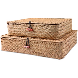 FEILANDUO Regalkörbe mit Deckel, Weidenkörbe für Regale, Organisation von natürlichem Seegras, Rattan, gewebte Organizer-Boxen, Boho-Heimdekoration, 2er-Set (natürlich)