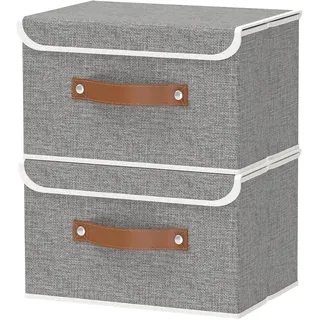 OUTBROS 2 Pack Aufbewahrungsbox mit Deckel, Stoffboxen 33x23x20cm, Grau | Faltbarer Aufbewahrungskorb, Ordnungsbox mit Griff, Schrank Organizer Kleiderschrank, für Kleidung