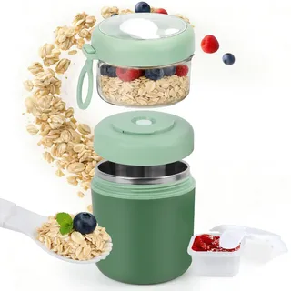 GEEKHOM Müslibecher To Go Edelstahl 530ml+330ml, Joghurt und Müsli To Go Becher Mit Löffel & Soßenbox - Auslaufsicher, Isoliert, Spülmaschinenfest, Ideal Für Arbeit, Schule, Picknick (Grün)