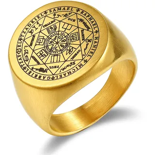 JewelryWe Schmuck Herren-Ring mit Gravur Edelstahl Siegel der Sieben Erzengel Siegelring Silber Gold Schwarz Größer 57mm