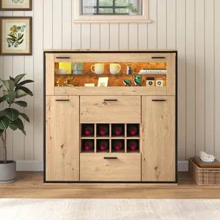 Fortuna Lai Sideboard Kommode, Eleganter Weinschrank mit Doppeltüren, Glasregal und Weinhalterung - Perfekte Aufbewahrung in einem stilvollen Sideboard.110 L x 38 B x 111 H(cm) - Braun, Schwarz