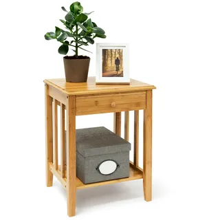 Relaxdays Beistelltisch mit Schublade, HxBxT:51,5x40,5x30,5cm, aus robustem Holz, schmale Nachtkonsole 2 Ablagen, natur