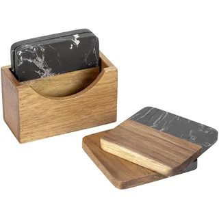 Glasuntersetzer "Atami", schwarz, B:12cm H:10,5cm T:6cm, Massivholz, Naturstein, SCHÖNER WOHNEN-KOLLEKTION, Untersetzer, Glasuntersetzer, edle Getränkeuntersetzer aus Marmor & Akazienholz mit Halterung