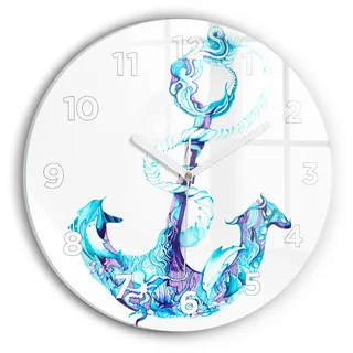 Wallfluent Wanduhr – Stilles Quarzuhrwerk - Uhr Dekoration Wohnzimmer Schlafzimmer Küche - Zifferblatt - weiße Zeiger - 30 cm - Anker im Meer - Blau