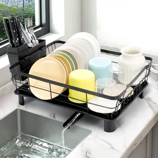 VINATO Abtropfgestell Geschirr mit Abtropfschale – 43x33x15cm Dish Drying Rack, Spülablage Organizer aus Carbonstahl & Kunststoff, Geschirrablage für Spüle, Schwarz