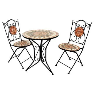 Kobolo Tischgruppe MOSAIK 1 Tisch rund 2 Klappstühle Metall Mosaik schwarz terrakotta - verschiedene Designs Farben Gartenmöbel Terrasse Garten Balkon - Orange