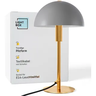 Lightbox Pilz Tischlampe | 36 cm Höhe, Ø 20 cm | Tischleuchte mit Wipp-Schalter | glamouröse LED Lampe als Nachttischlampe für das Schlafzimmer | E14 | aus Metall in Goldfarben/Matt Taupe/Grau