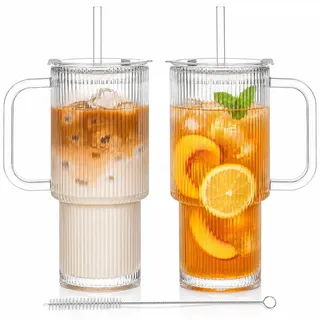 ALINK 2 Stück 760ml Gläser mit Deckel und Strohhalm, Gerippte Glasbecher mit Deckel und Henkel, Dickem Glas Ideal für Eiskaffee, Matcha, Latte, Säfte und andere Getränke