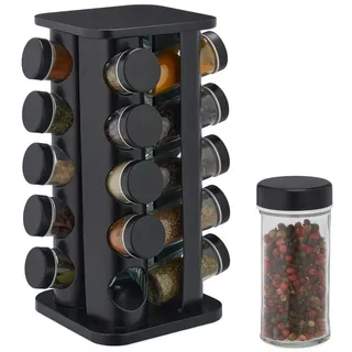 Relaxdays Gewürzkarussell mit 20 Gewürzdosen, inkl. Streueinsatz, drehbar, nachfüllbares Gewürzregal für Küche, schwarz