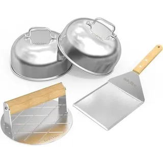 Edelstahl Grillzubehör Set, 4-teilig, mit Spatel, Burgerpresse, 2 Dosen