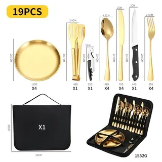 20er Set Edelstahl Besteckset mit Tasche Camping Besteck Reisebesteck Outdoor Picknick Set rostfrei Gold - Gold