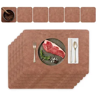JDkilp Abwischbar Leder Untersetzer und Platzset 6er Set Tischsets abwaschbar doppelt verdickt 45 x 30 cm für Zuhause Küche Restaurant und Hotel (Rindleder Muster + Dunkler Kaffee)