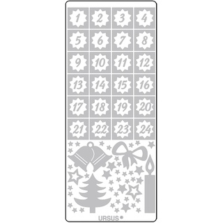 Ursus 593100125 - Kreativ Sticker Adventskalender, Weihnachtsmotiv silber, 5 Stickerbögen mit Zahlen von 1 24, selbstklebend, leicht abziehbar, zum Nummerieren von selbstgemachten Adventskalendern