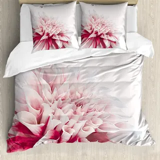 ABAKUHAUS Dahlie Bettbezug Set, Schließen Sie herauf Dahlia Blossom mit den roten und weißen Blumenblättern eine einzelne große Blume, 155 x 220 cm + 80 x 80 cm, Weiß Elfenbein Rubin