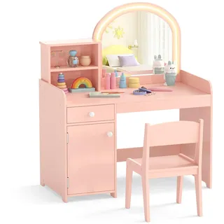 FANTASK 2 in 1 Kinderschminktisch mit Hocker, LED-Spiegel Frisertisch, Holz Kosmetiktisch mit Schrank & Schublade, Schminkkommode Mädchen aus Holz ab 3 Jahren (Hellrosa)