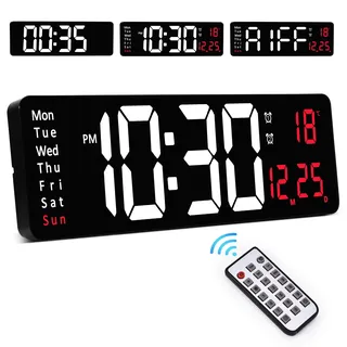 Sukeen 16" Wanduhr Groß mit Fernbedienung, Digitale Wanduhr mit 10-Stufen-Dimmung/Doppelalarm/Tag/Datum/Temperatur, Countdown/Up Uhr für Wohnzimmer, Küche, Fitnessstudio, Bauernhaus, Garage,Büro-Rot
