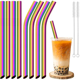 NiHome 8er-Pack 1.3cm Extra Breite Wiederverwendbare Edelstahl Strohhalme, 4 Gerade & 4 Gebogene für Boba Bubble Tea, Smoothies & Milchshakes, inkl. 2 Reinigungsbürste, Spülmaschinenfest(Iridescent)
