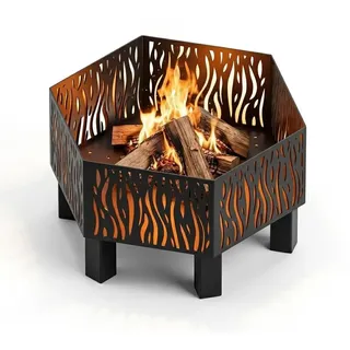 MetaloPro Hexa Prism Feuerschale sechseckig – Feuerstelle Garten 70 cm, 3 mm Stahl geschweißt, Lasercut Kristall-Muster, schwarz pulverbeschichtet, EU-Herstellung