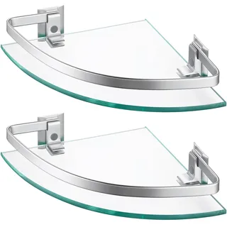 KES Glasregal Eckregal Badregal Glas Duschablage zum Hängen 8mm Badezimmer Wandregal Dusche Glas Ablage Wandmontage Ecke 2 Stück Organizer Aluminium Silber, A4120A-P2