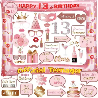 13. Geburtstag Foto Requisiten Fotobox Accessoires Rose Gold aufblasbarer Fotorahmen Aufblasbar 40 Stück Fotorequisiten Official Teenager 13 Deko Party Selfie Rahmen Geburtstagsdeko für Mädchen