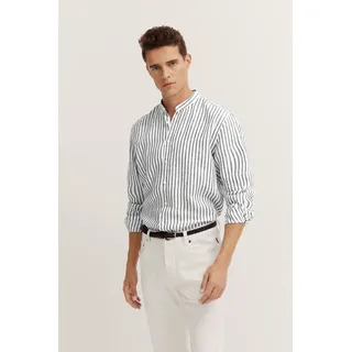 Langarmhemd BUGATTI, Herren, Gr. XXL, Normalgrößen, 390, marine, 100% Leinen, gestreift, normal, eckige 2-Knopf-Manschette, Hemden Langarmhemd, mit Mandarinkragen